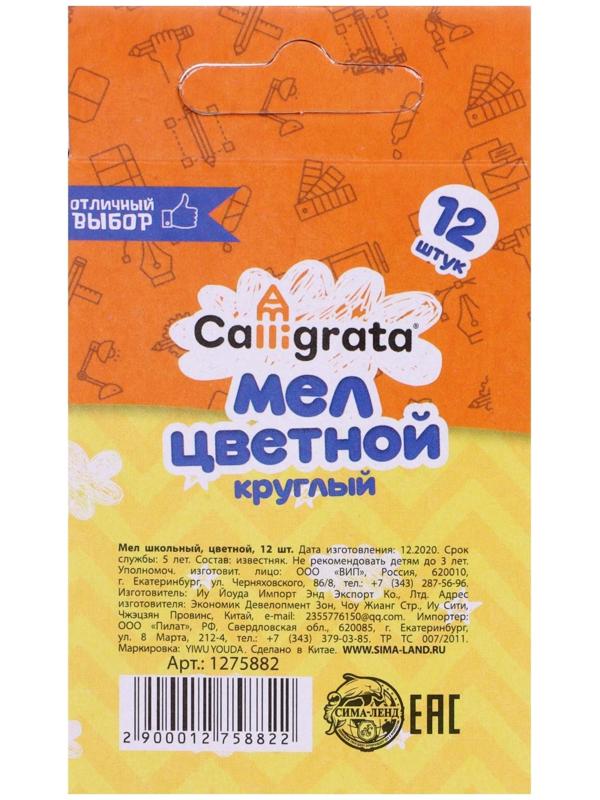Мел школьный, цветной, набор 12 штук, круглый, в картонной коробке