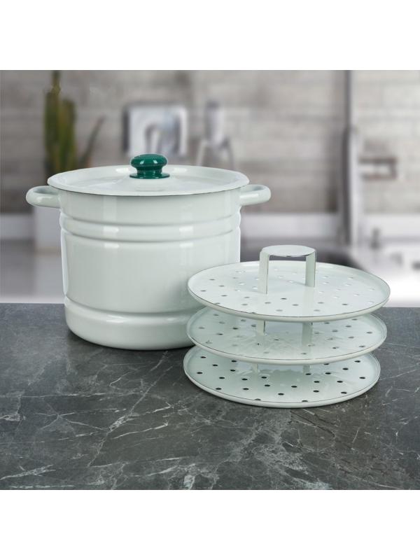 Мантоварка-позница, 9 л, 3 вставки, с пластмассовой ручкой, цвет белый