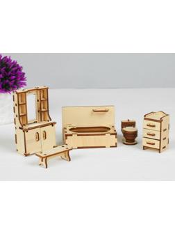 Набор деревянной мебели для кукол «Ванная» (скамейка, ванна, унитаз, умывальник, шкаф)
