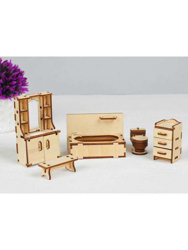 Набор деревянной мебели для кукол «Ванная» (скамейка, ванна, унитаз, умывальник, шкаф)