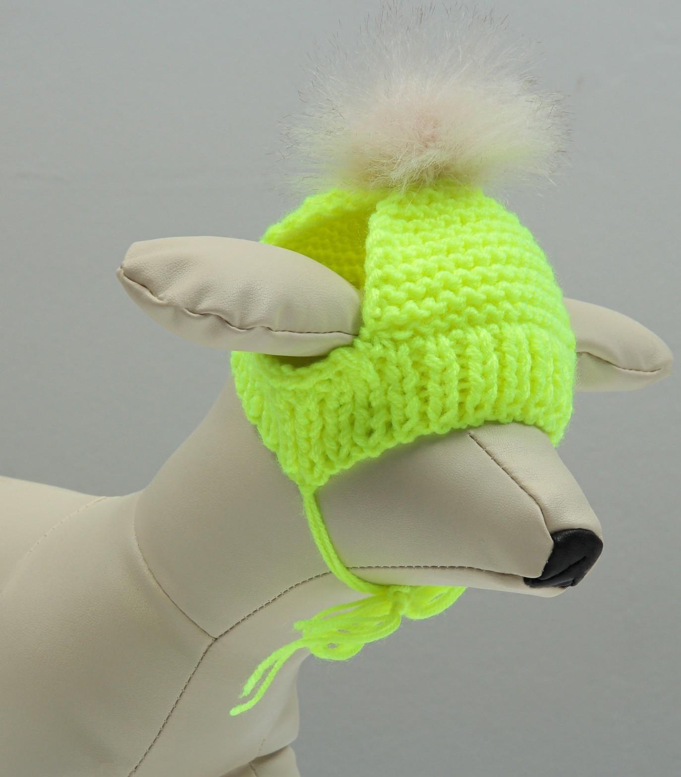 Шапка вязаная для собак, с помпоном, M-L (объем головы 28 см, высота 9 см), микс