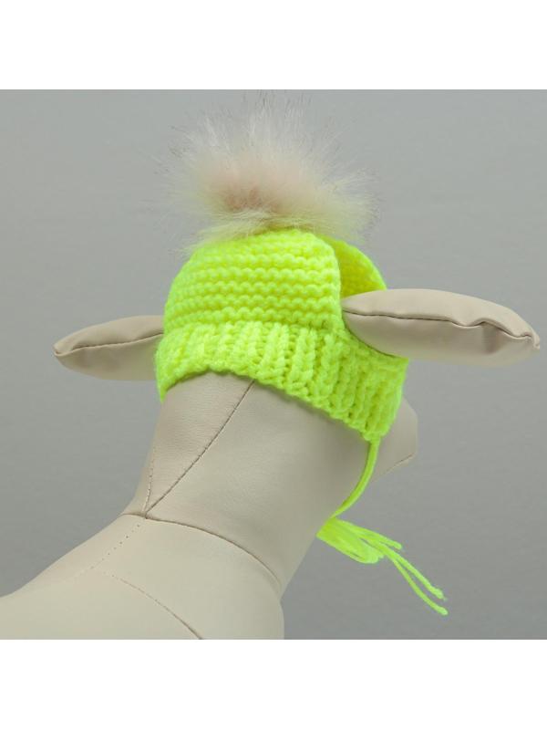 Шапка вязаная для собак, с помпоном, M-L (объем головы 28 см, высота 9 см), микс