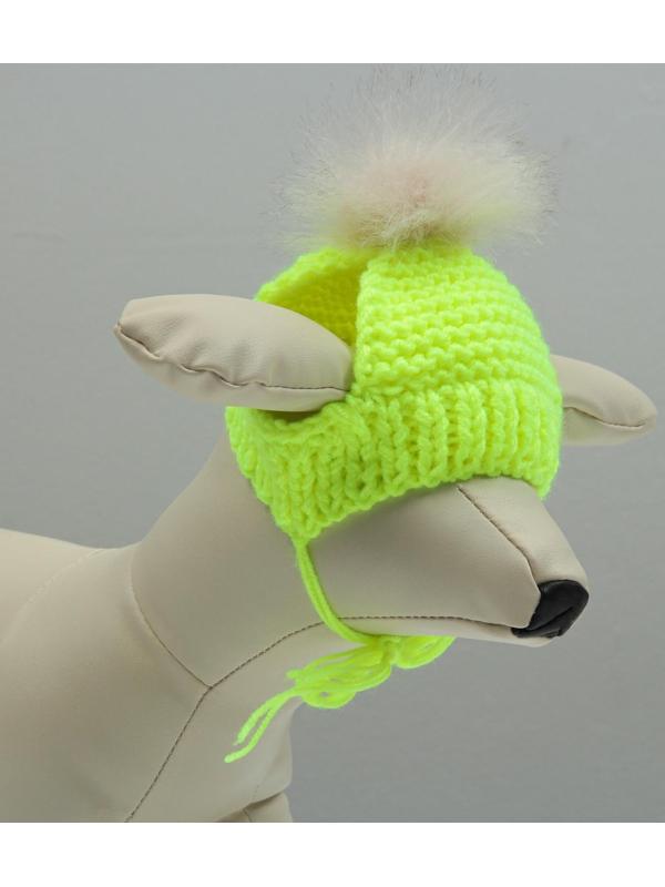 Шапка вязаная для собак, с помпоном, M-L (объем головы 28 см, высота 9 см), микс
