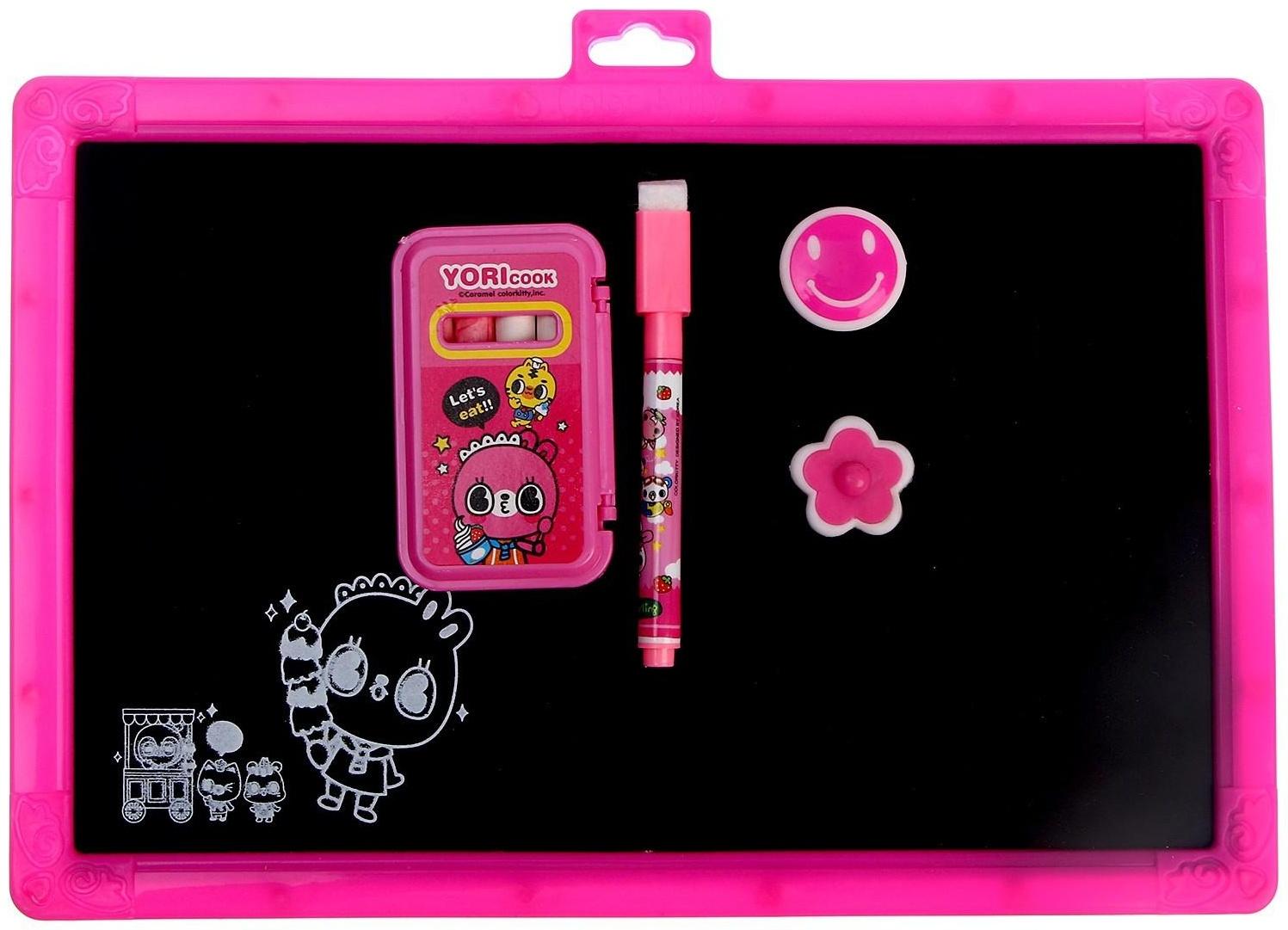 Доска магнитная двухсторонняя, под маркер и мел, мел 3 шт. в машинке, маркер, магниты 2 шт., цвет красно-розовый