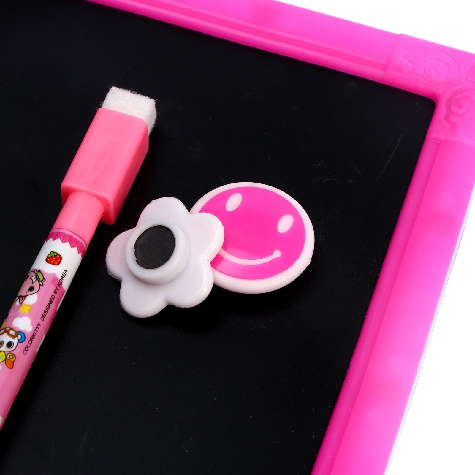 Доска магнитная двухсторонняя, под маркер и мел, мел 3 шт. в машинке, маркер, магниты 2 шт., цвет красно-розовый