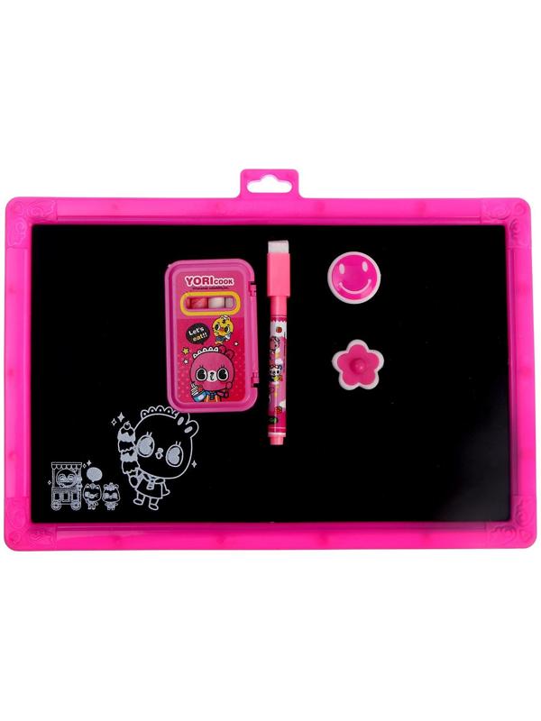 Доска магнитная двухсторонняя, под маркер и мел, мел 3 шт. в машинке, маркер, магниты 2 шт., цвет красно-розовый