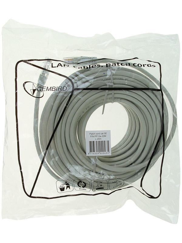 Патч-корд Gembird PP12e-20M, UTP 5е кат., RJ-45(m)-RJ-45(m), 20 м, серый