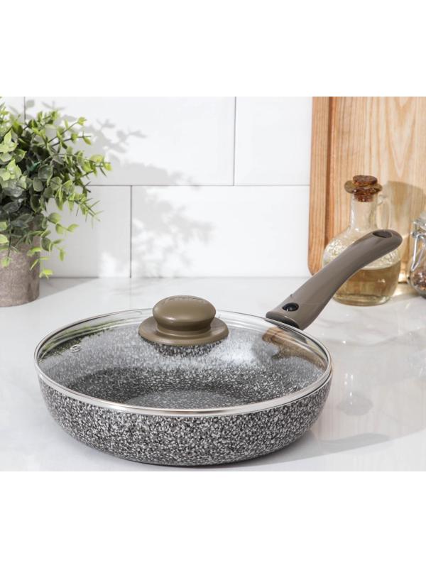 Сковорода Onyx, d=24 см, съёмная ручка, стеклянная крышка, антипригарное покрытие, цвет серый