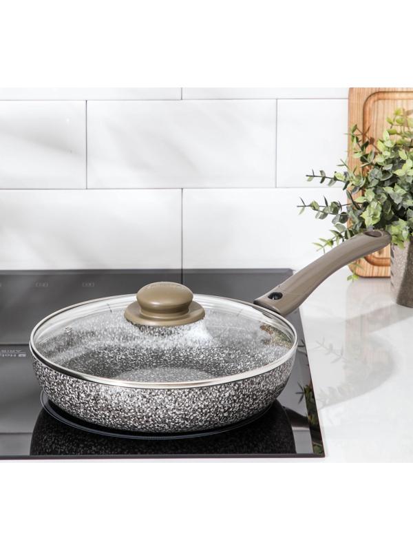 Сковорода Onyx, d=24 см, съёмная ручка, стеклянная крышка, антипригарное покрытие, цвет серый