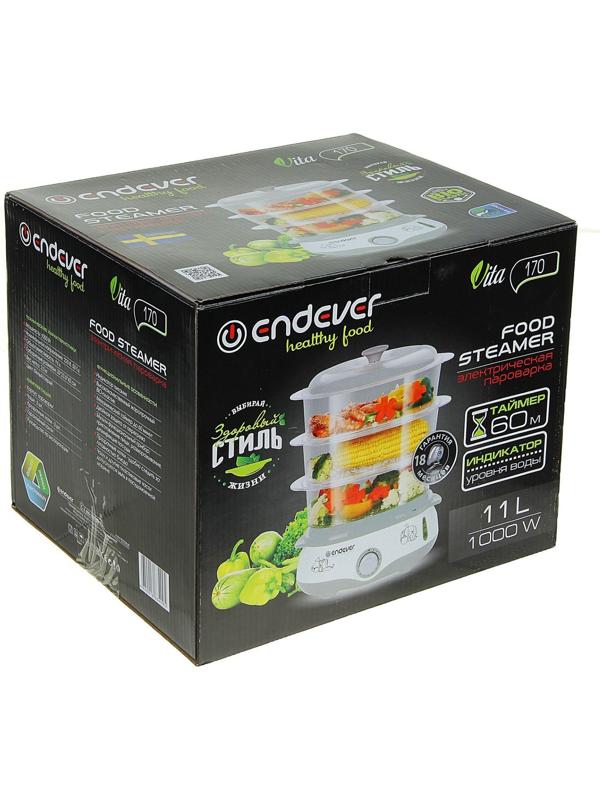Пароварка Endever Vita-170, электрическая, 1000 Вт, 11 л, 3 яруса, бело-серая