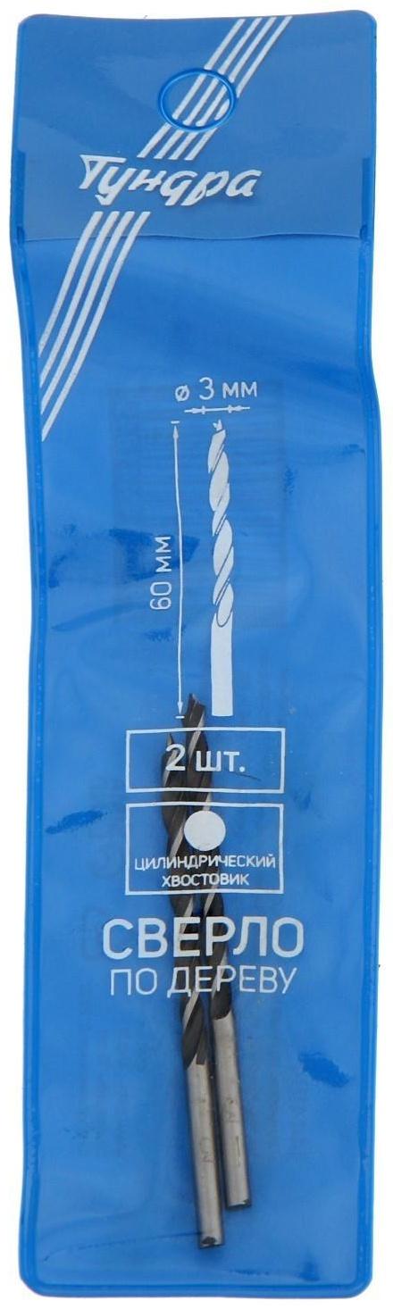 Сверло по дереву ТУНДРА, цилиндрический хвостовик, 3 х 60 мм, 2 шт.
