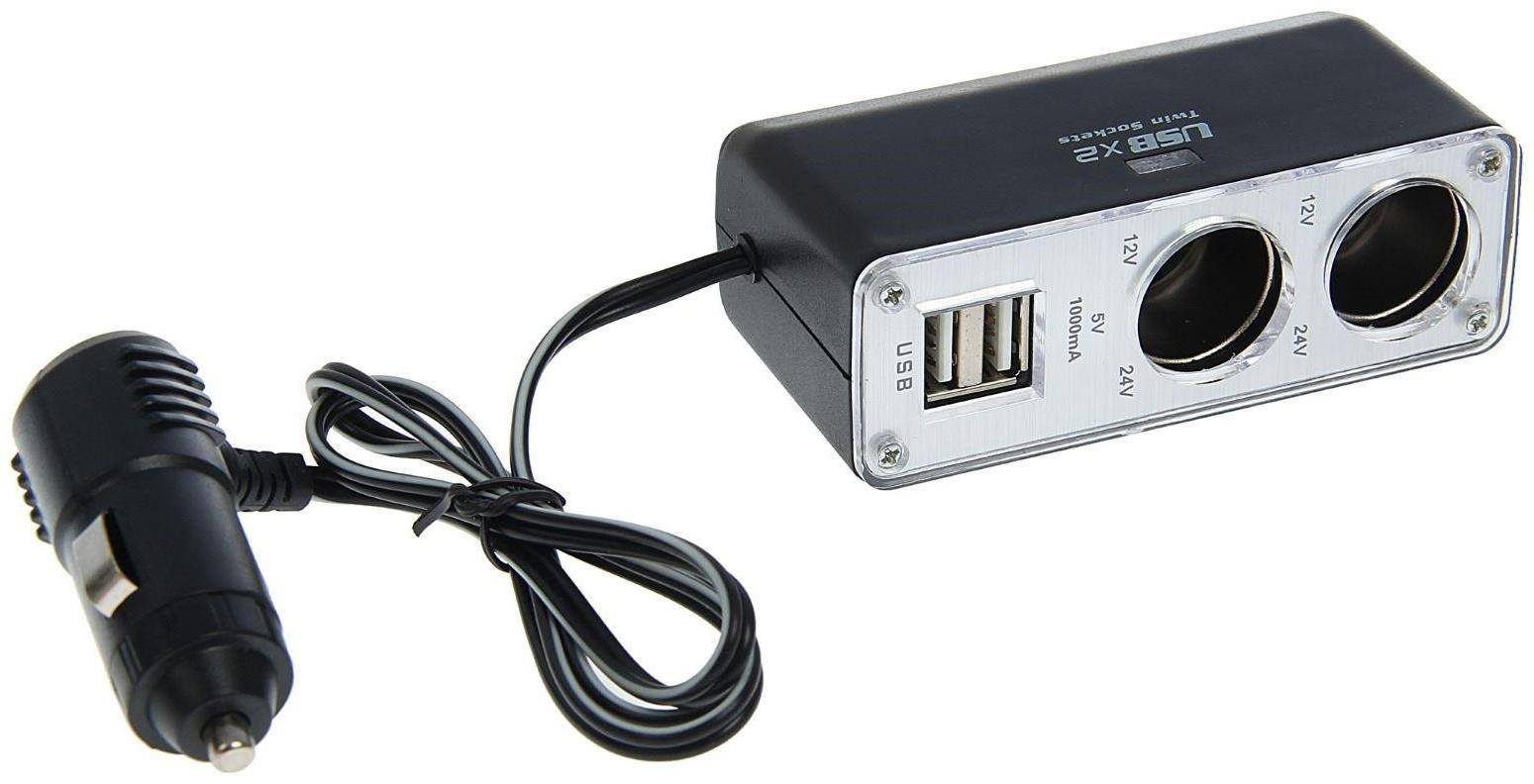 Разветвитель прикуривателя TORSO, 2 гнезда, 2 USB, 12/24 В, провод 65 см