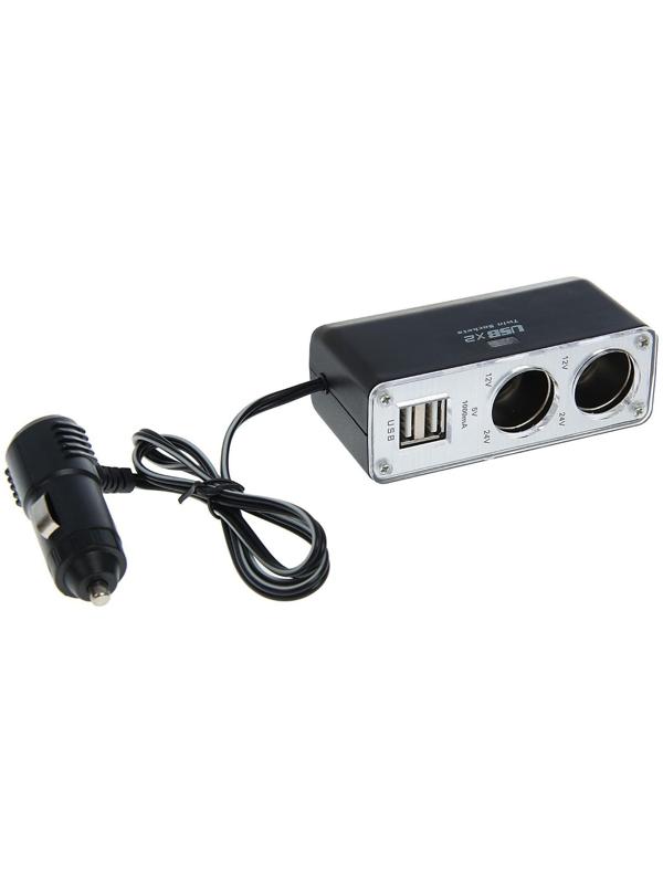 Разветвитель прикуривателя TORSO, 2 гнезда, 2 USB, 12/24 В, провод 65 см