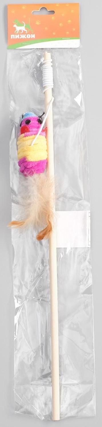 Дразнилка с махровой мышкой (7 см) на деревянной палочке, 40 см, микс цветов