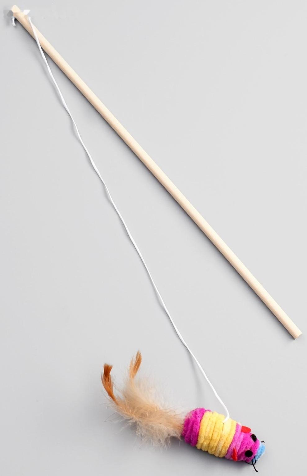 Дразнилка с махровой мышкой (7 см) на деревянной палочке, 40 см, микс цветов