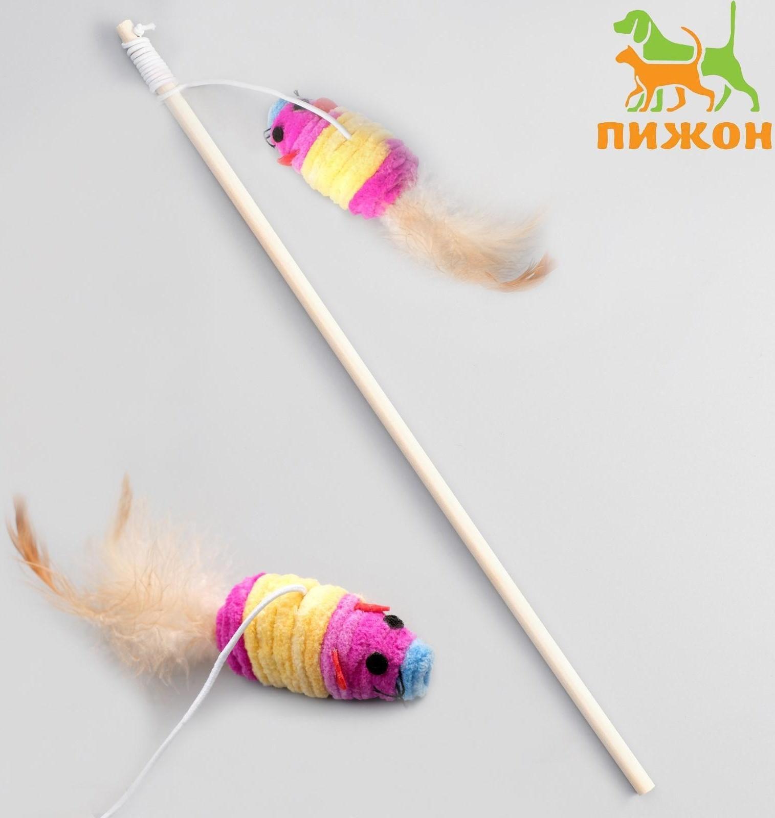 Дразнилка с махровой мышкой (7 см) на деревянной палочке, 40 см, микс цветов
