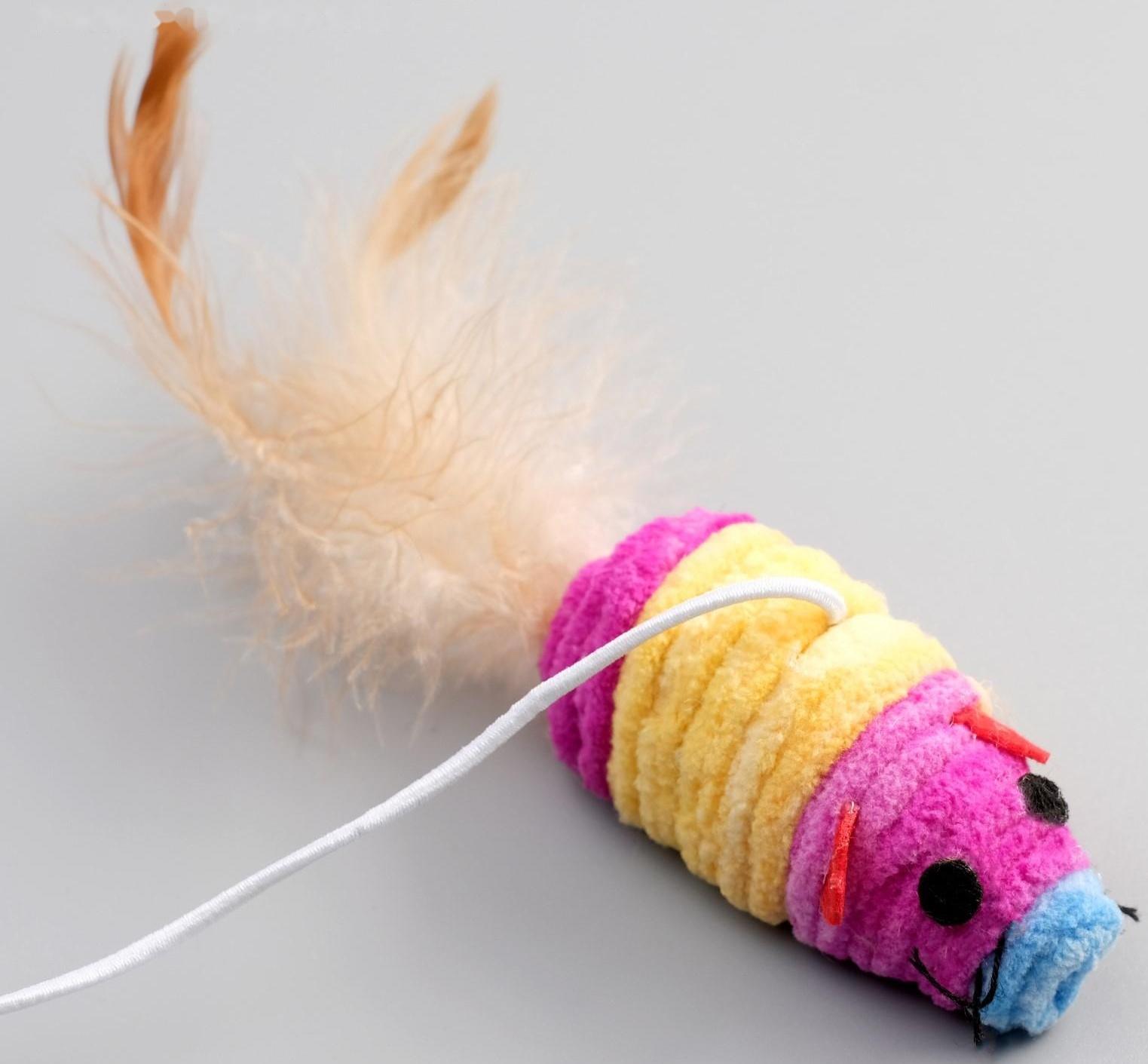 Дразнилка с махровой мышкой (7 см) на деревянной палочке, 40 см, микс цветов