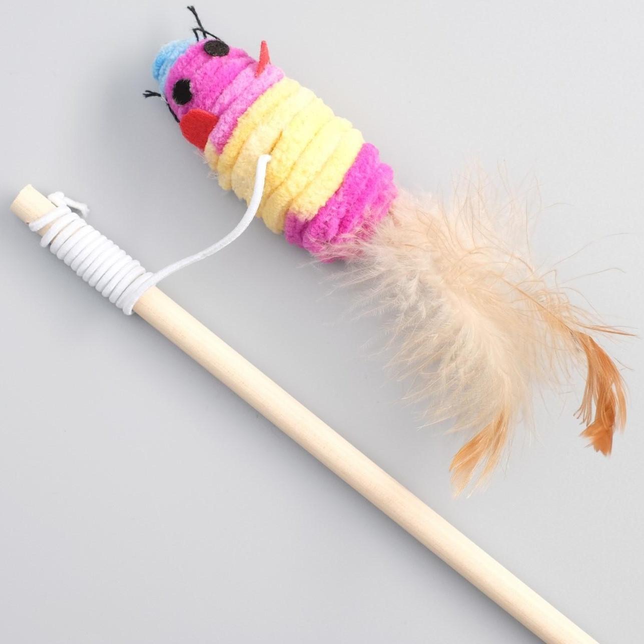 Дразнилка с махровой мышкой (7 см) на деревянной палочке, 40 см, микс цветов