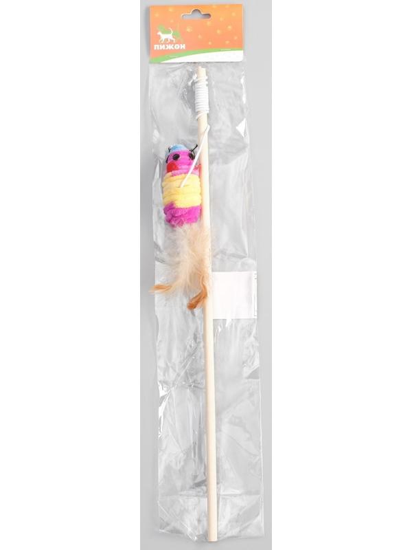 Дразнилка с махровой мышкой (7 см) на деревянной палочке, 40 см, микс цветов