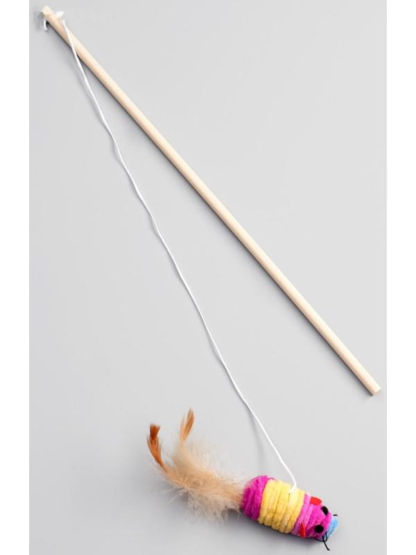 Дразнилка с махровой мышкой (7 см) на деревянной палочке, 40 см, микс цветов