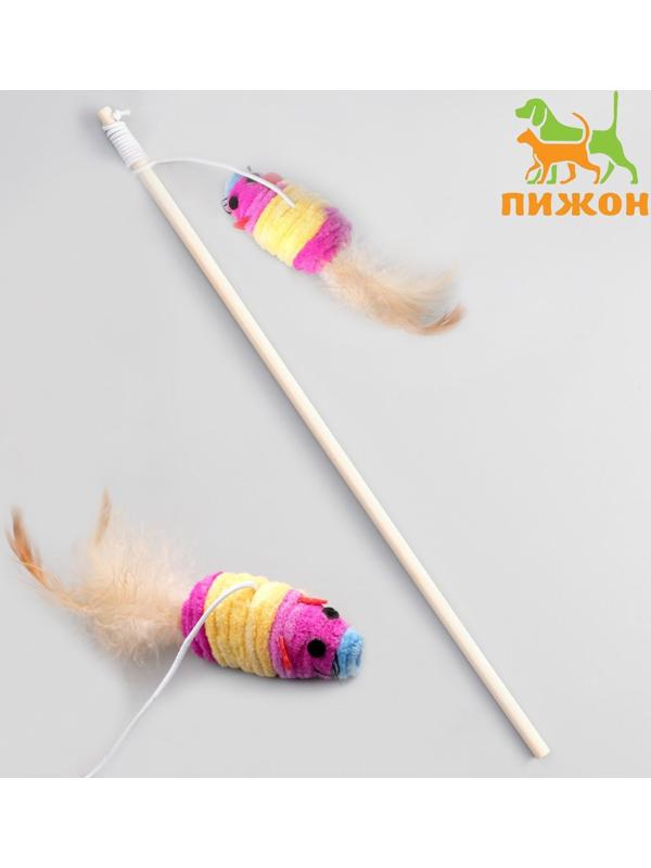 Дразнилка с махровой мышкой (7 см) на деревянной палочке, 40 см, микс цветов