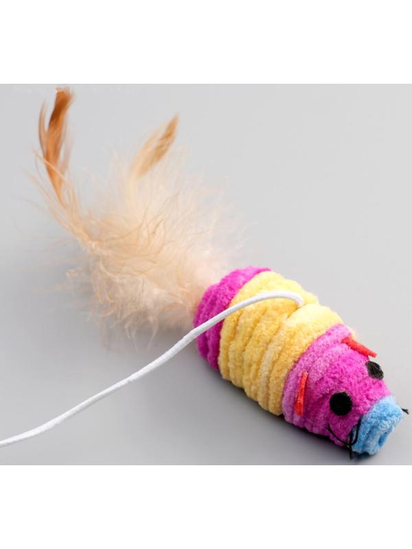 Дразнилка с махровой мышкой (7 см) на деревянной палочке, 40 см, микс цветов