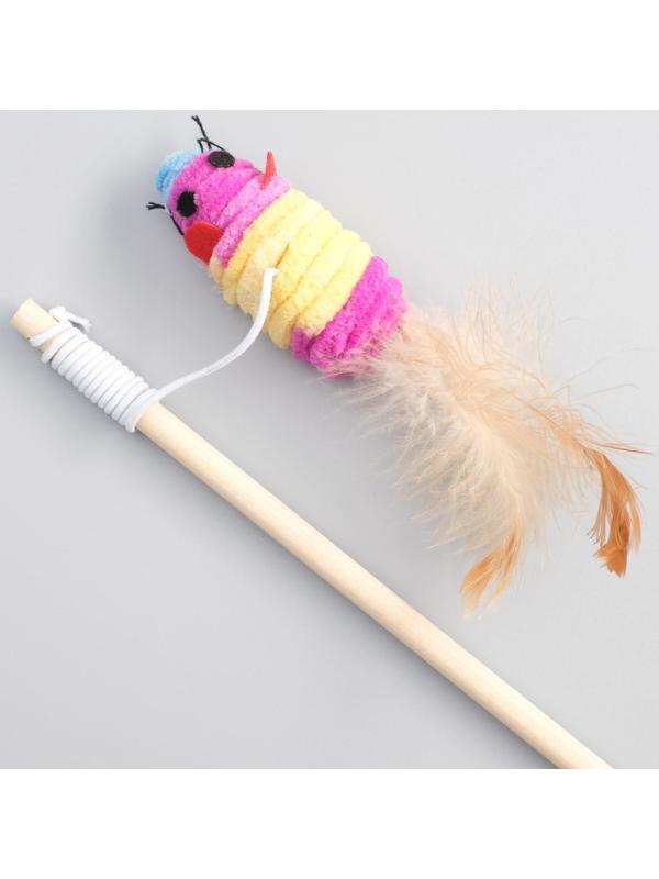 Дразнилка с махровой мышкой (7 см) на деревянной палочке, 40 см, микс цветов