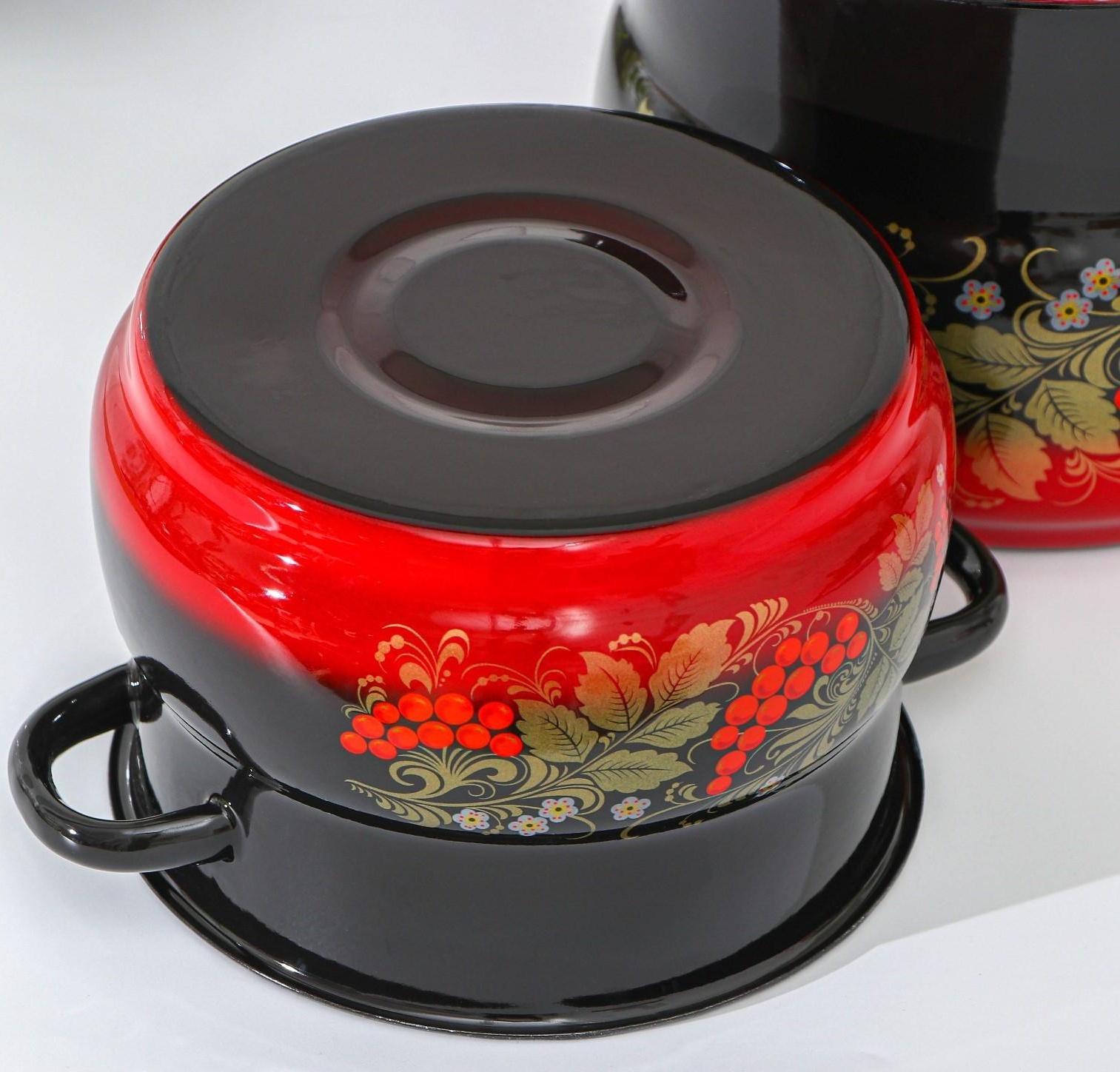 Набор кастрюль «Рябинка», 2 предмета: 4/5,5 л, эмалированные крышки, индукция, цвет чёрно-красный