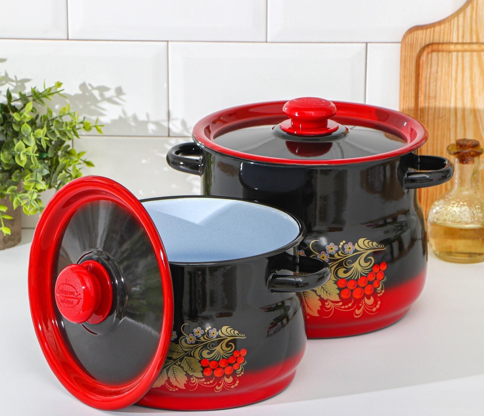 Набор кастрюль «Рябинка», 2 предмета: 4/5,5 л, эмалированные крышки, индукция, цвет чёрно-красный
