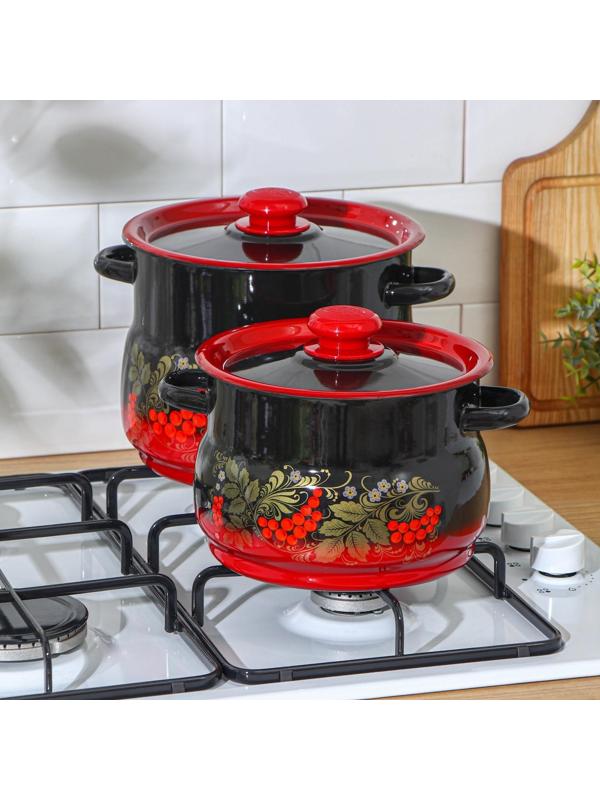 Набор кастрюль «Рябинка», 2 предмета: 4/5,5 л, эмалированные крышки, индукция, цвет чёрно-красный