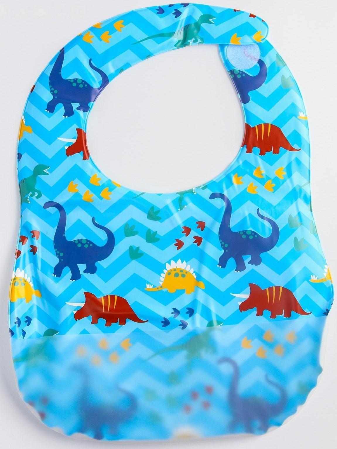 Нагрудник для кормления «Динозаврики» непромокаемый на липучке, с карманом, мягкий