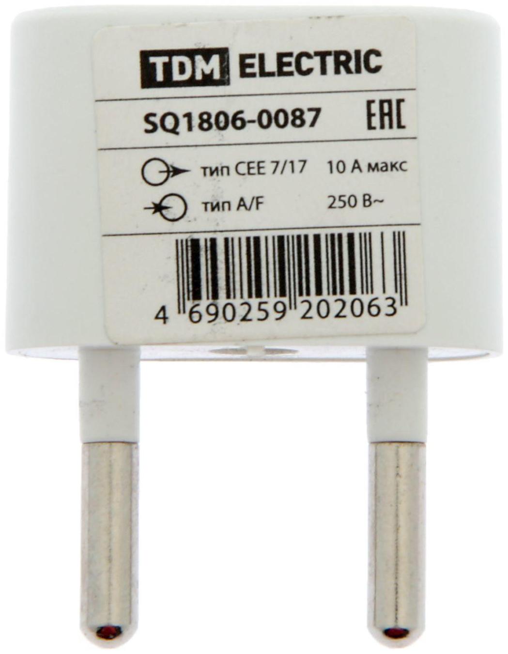 Переходник TDM, 10 А, 250 В, тип CEE 7/17 - тип А/F, плоский, белый