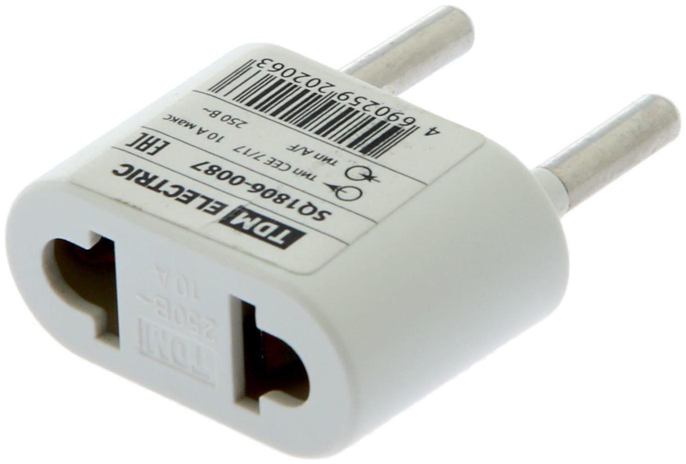 Переходник TDM, 10 А, 250 В, тип CEE 7/17 - тип А/F, плоский, белый