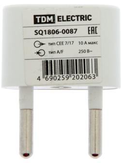 Переходник TDM, 10 А, 250 В, тип CEE 7/17 - тип А/F, плоский, белый