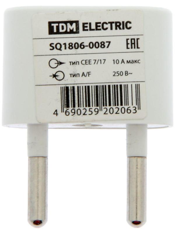 Переходник TDM, 10 А, 250 В, тип CEE 7/17 - тип А/F, плоский, белый