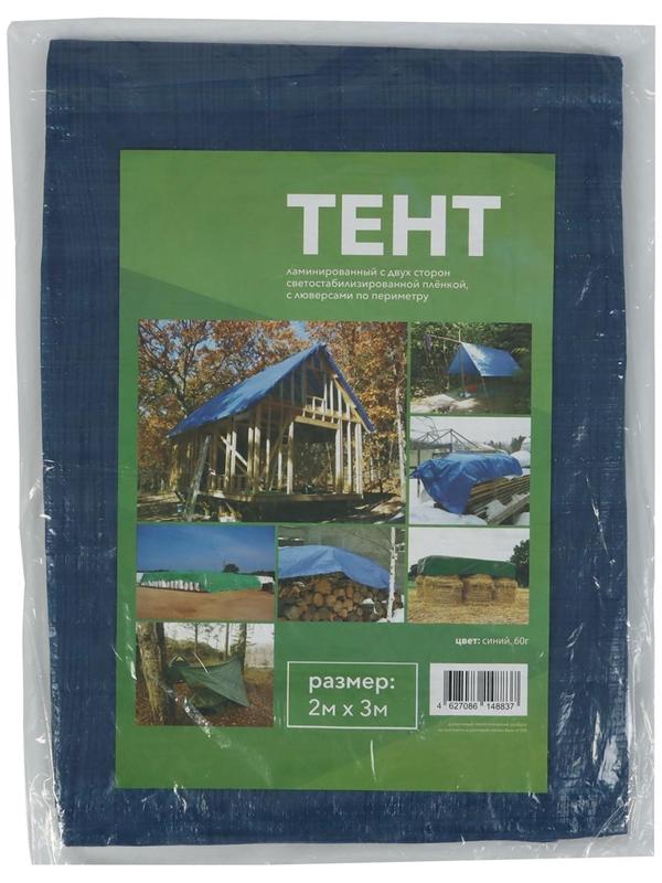 Тент защитный, 3 × 2 м, плотность 60 г/м², люверсы шаг 1 м, синий