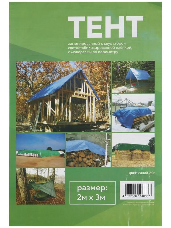 Тент защитный, 3 × 2 м, плотность 60 г/м², люверсы шаг 1 м, синий