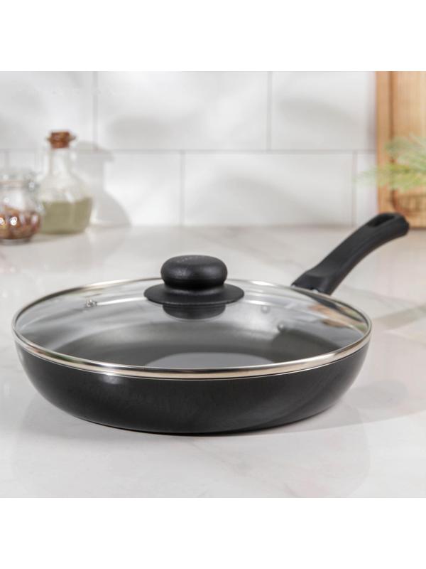 Сковорода Promo, d=24 см, стеклянная крышка, пластиковая ручка, антипригарное покрытие, цвет чёрный