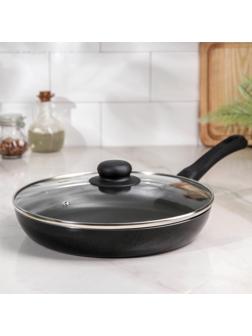 Сковорода Promo, d=26 см, стеклянная крышка, антипригарное покрытие, цвет чёрный