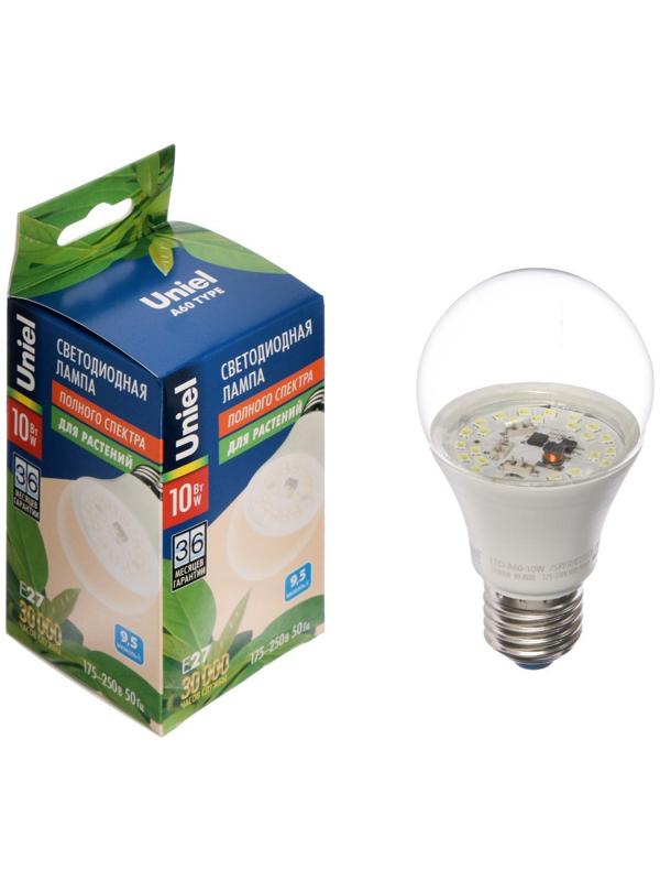 Фитолампа светодиодная Uniel, A60, E27, 10 Вт, IP20, 220 В, 240°, полноспектральная