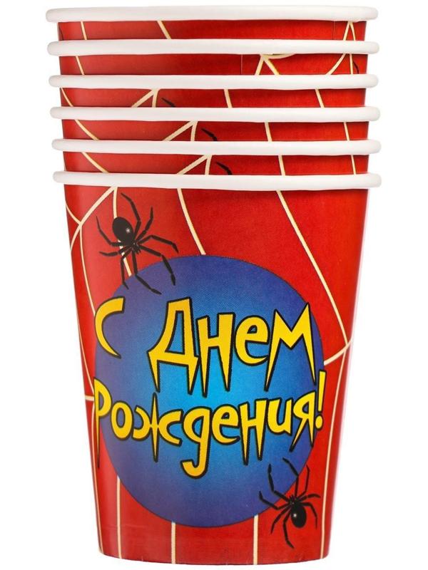 Набор бумажных стаканов «С днём рождения», паутинка, 250 мл, 6 шт.