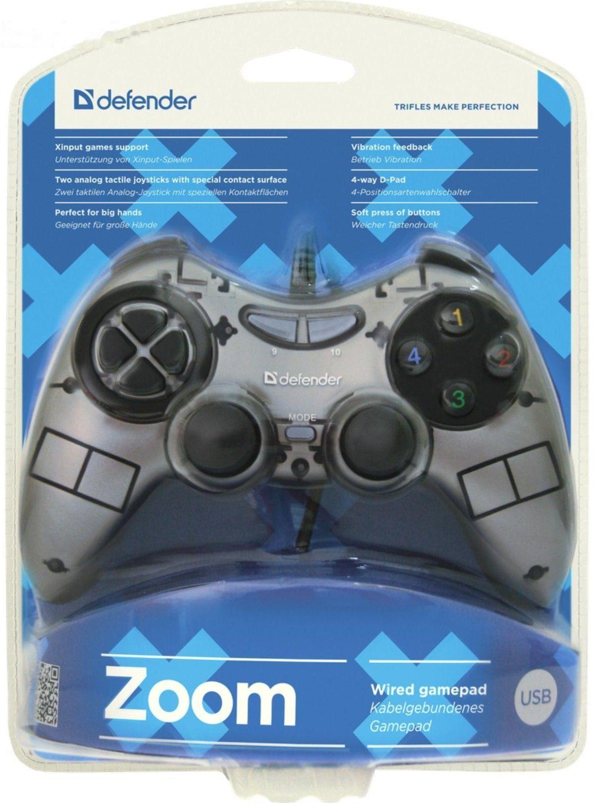 Геймпад Defender Zoom, Xinput, проводной, вибрация, для PC, USB, серо-черный
