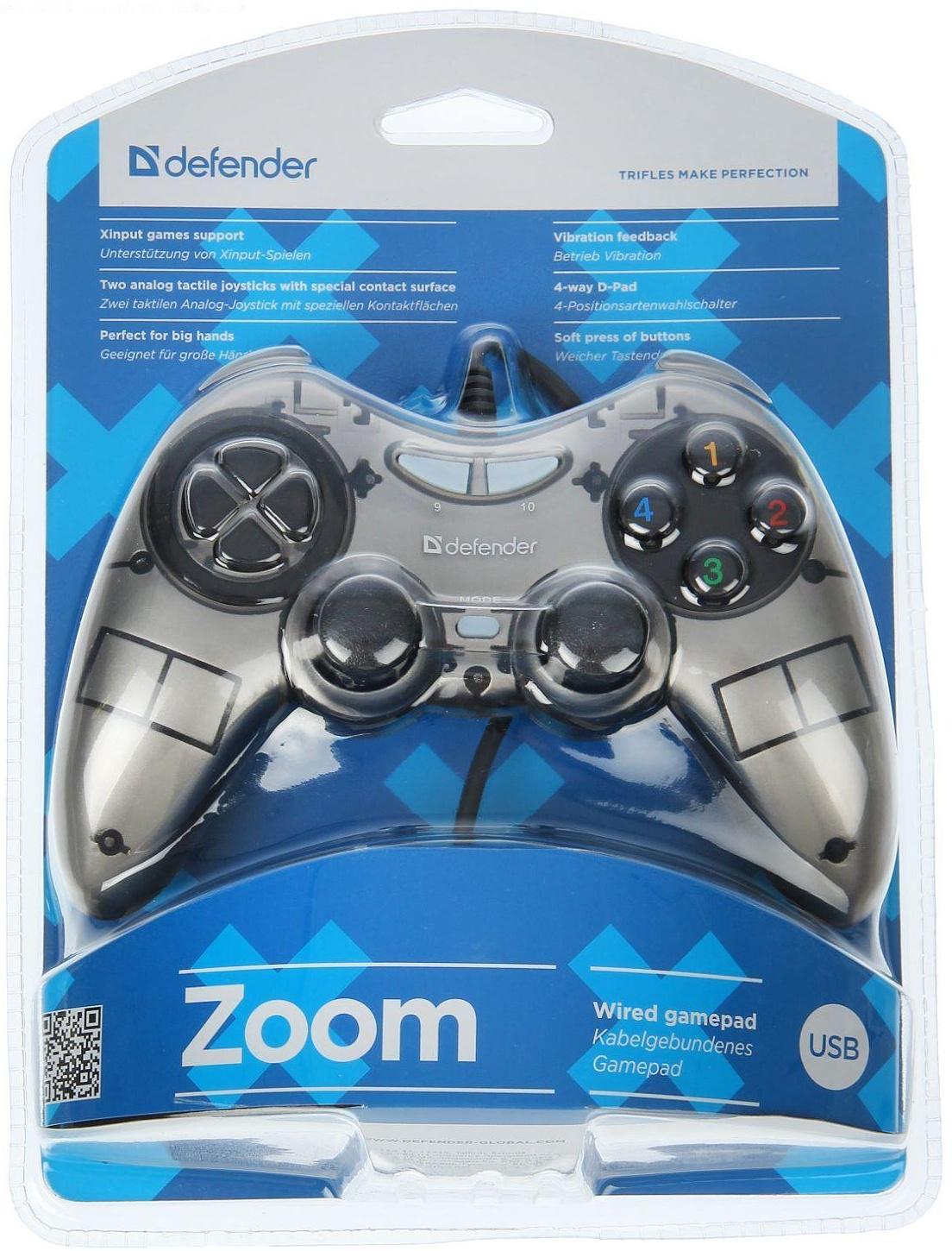 Геймпад Defender Zoom, Xinput, проводной, вибрация, для PC, USB, серо-черный
