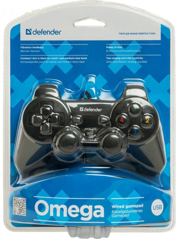Геймпад Defender Omega USB, проводной, вибрация, для PC, USB, черный