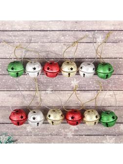 Бубенчики, набор 12 шт., размер 1 шт: 3×3 см, цвет серебряный, золотой, красный, зелёный