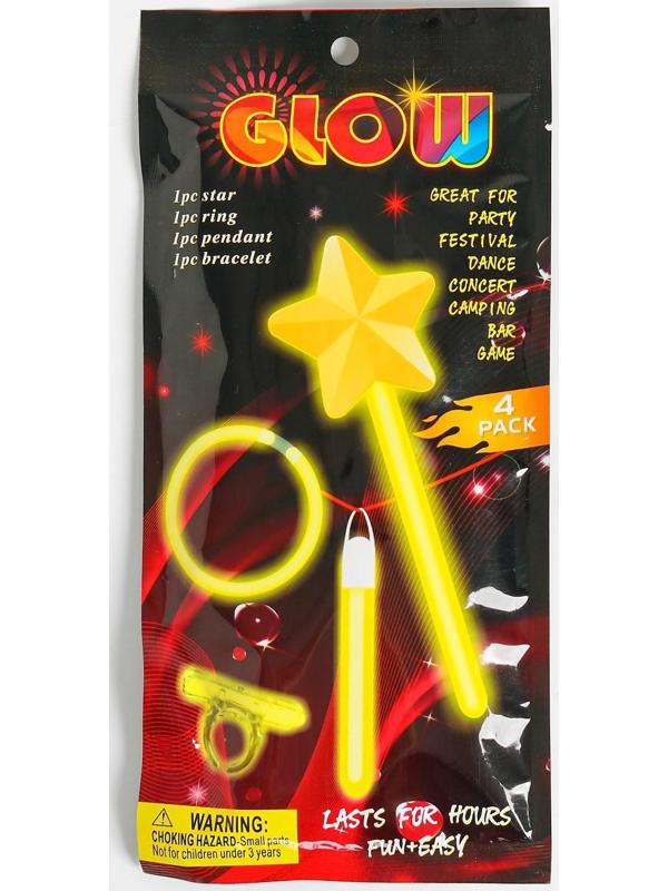 Неоновые аксессуары, набор 4 предмета: жезл, браслет, кольцо, подвеска, цвета МИКС