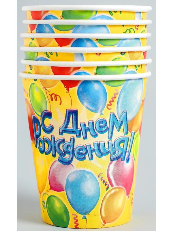 Набор бумажной посуды «С днём рождения», воздушные шары, 6 тарелок, 6 стаканов, 6 колпаков, 1 гирлянда