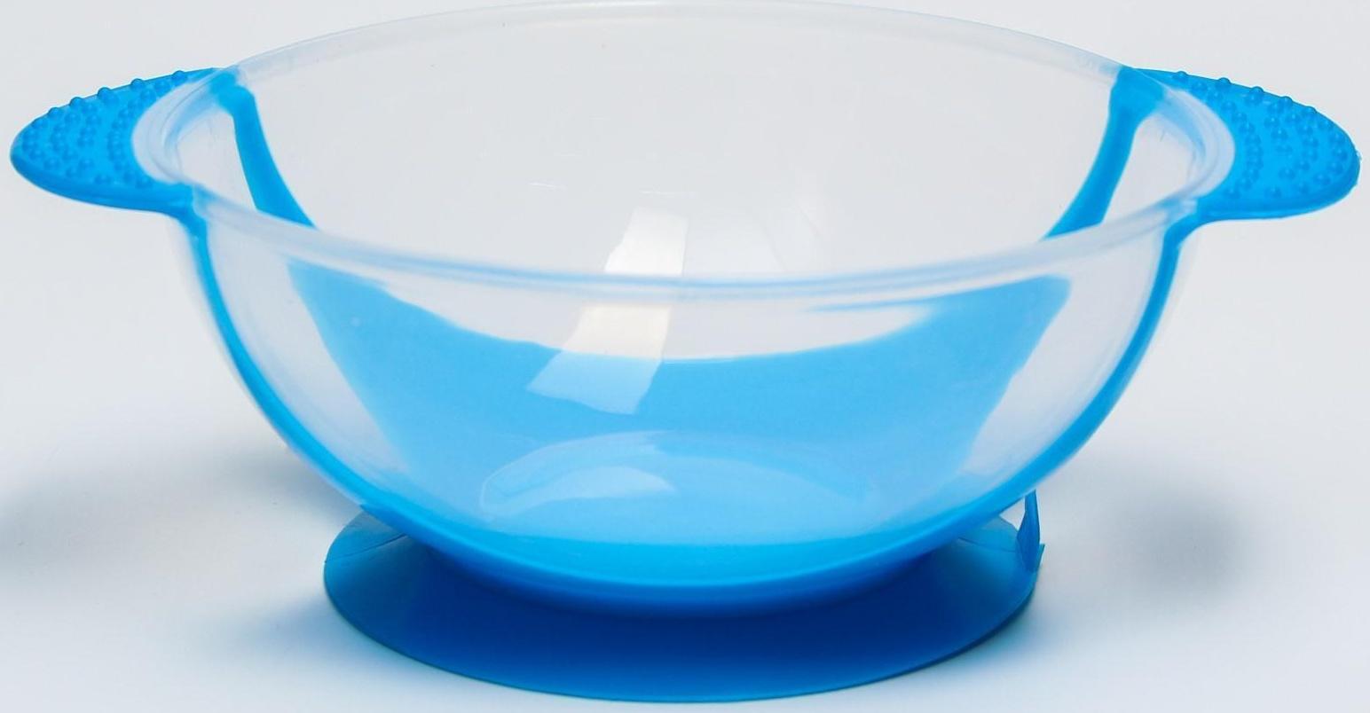 Набор для кормления, 3 предмета: тарелка на присоске 350 мл, крышка, термоложка, цвет синий