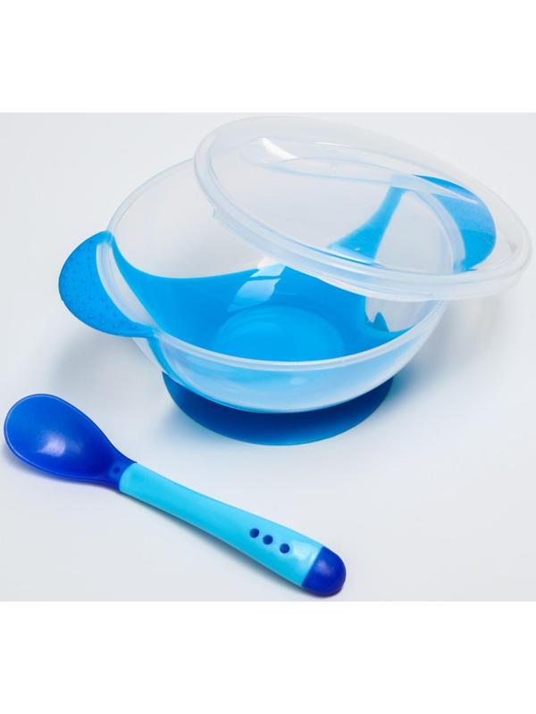 Набор для кормления, 3 предмета: тарелка на присоске 350 мл, крышка, термоложка, цвет синий