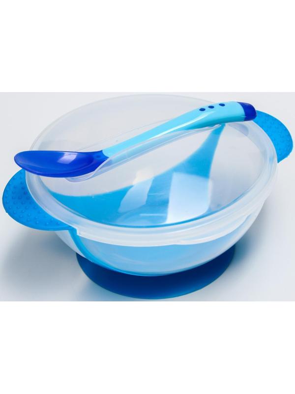 Набор для кормления, 3 предмета: тарелка на присоске 350 мл, крышка, термоложка, цвет синий